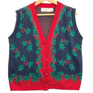 United States Sweaters Vintage Christmas Holiday Holly Sweater Vest Women M